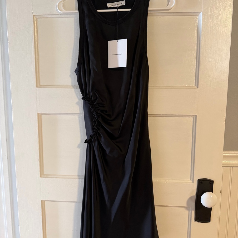 Victoria Beckham NWT UK Size 12 Black Sleeveless Ruched Midi Dress